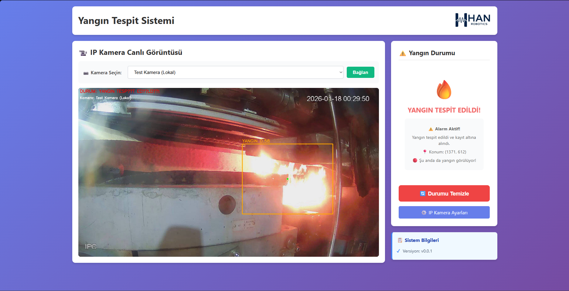 Yangın Tespit Sistemi Arayüz Ekranı